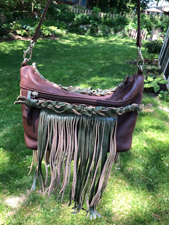 Repurposed Brown Leather Bag with Green Tan Suede… - image 3