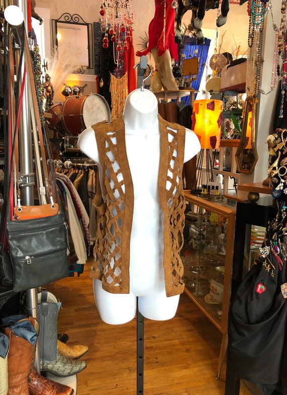 60’s Boho Hippie Brown Suede Vest, Hand Crafted La