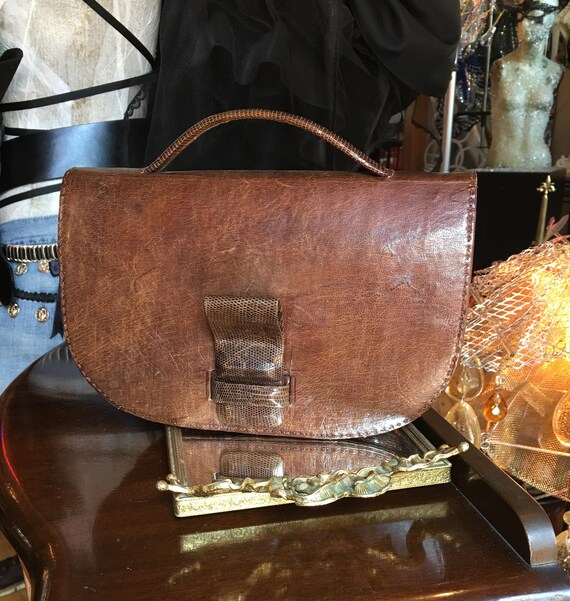 1940's Vintage Lizard and Brown Leather Handbag