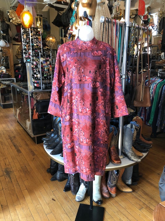 Asian Silk Dress with Asian Scenery Print in Reds,