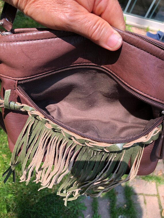 Repurposed Brown Leather Bag with Green Tan Suede… - image 9