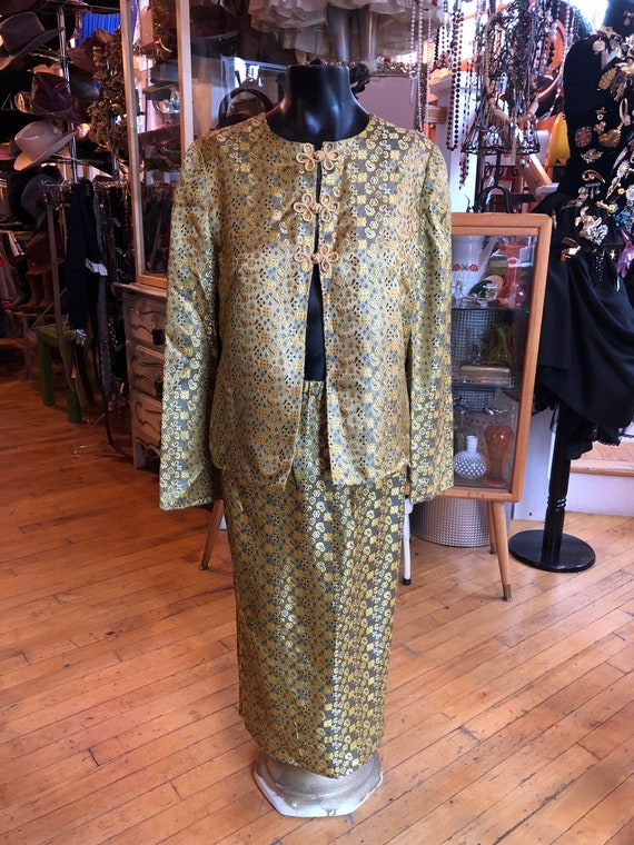 Vintage Handmade Asian 2 Piece Suit, Gold and Blu… - image 1