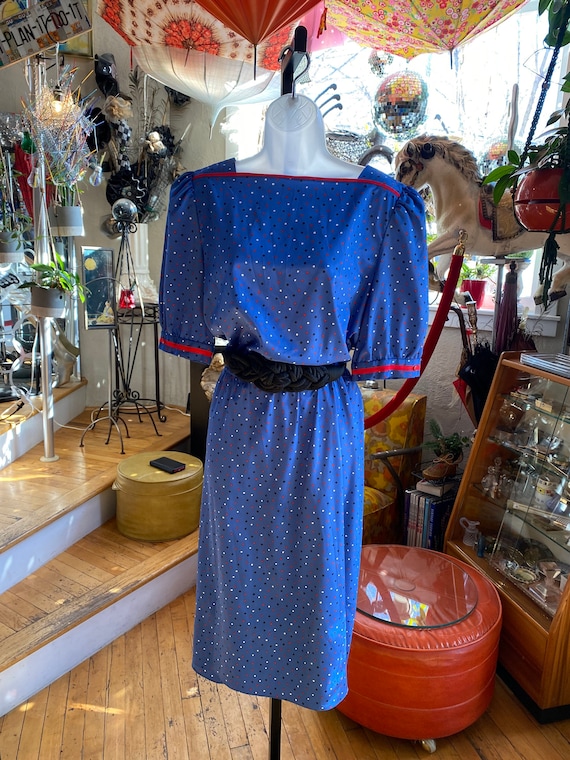 80’s Retro Blue Silky Rayon Dress with Red, White 