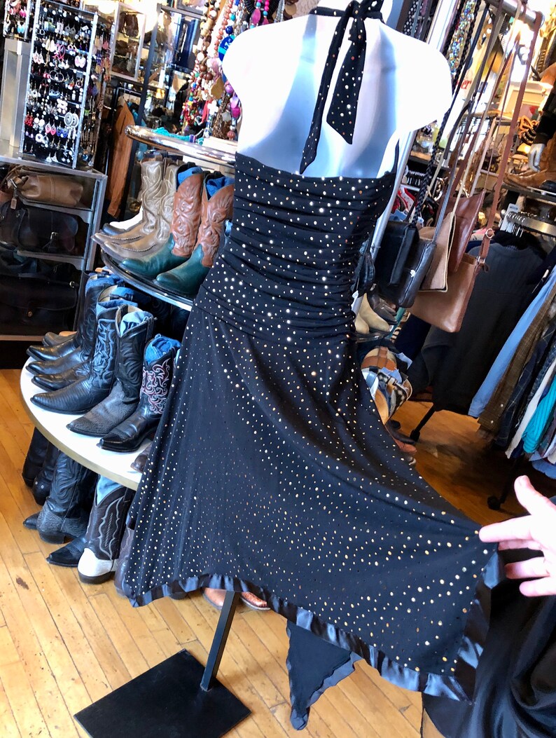 Women\u2019s Medium 90\u2019s Black Spandex Blend Halter Dress with Gold Metallic Polka Dots