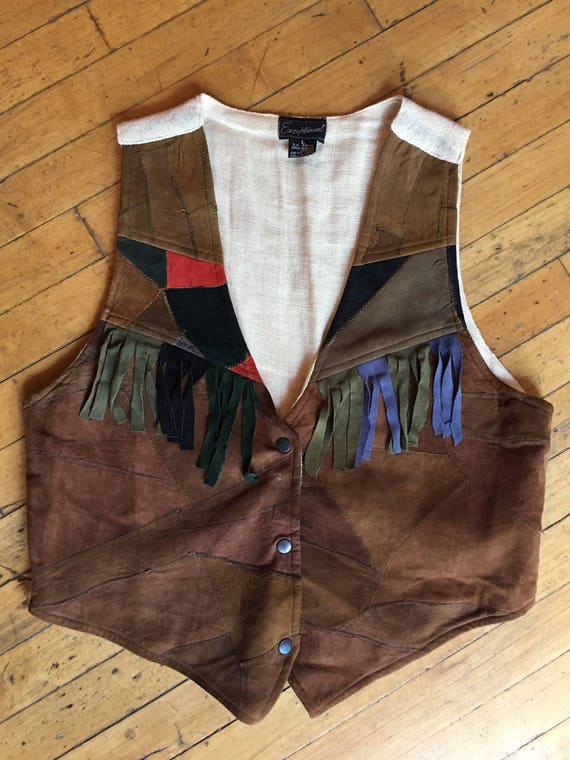 Vintage 70's Patchwork Suede and Fringe Vest Mult… - image 1