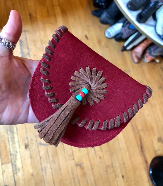 Festival Boho Western Red Suede Belt Pouch with Br