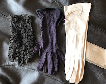 Set of 3 Vintage Women’s Formal Evening Gloves, Ivory Leather, Purple Nylon and Black Nylon Gloves