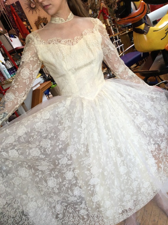 50s Yellow White Lace Wedding Dress 