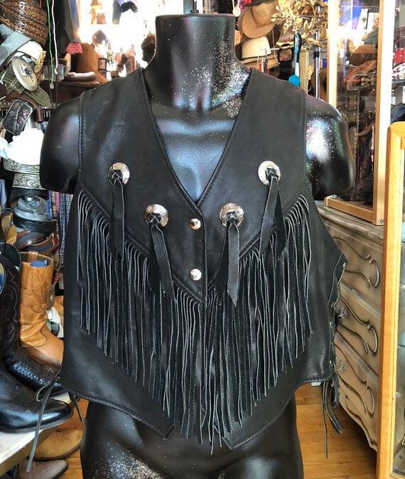 Vintage Southwest Black Leather Fringe Vest with S