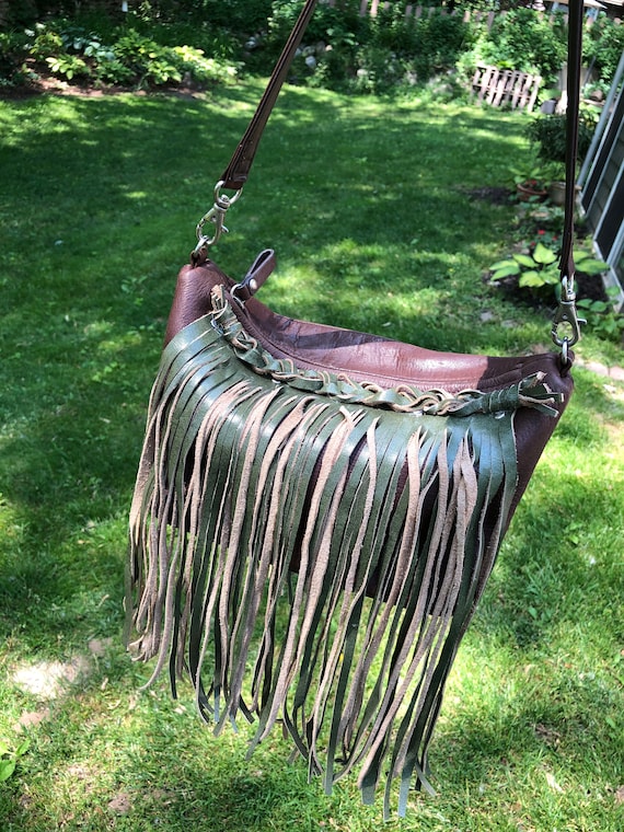 Repurposed Brown Leather Bag with Green Tan Suede… - image 1