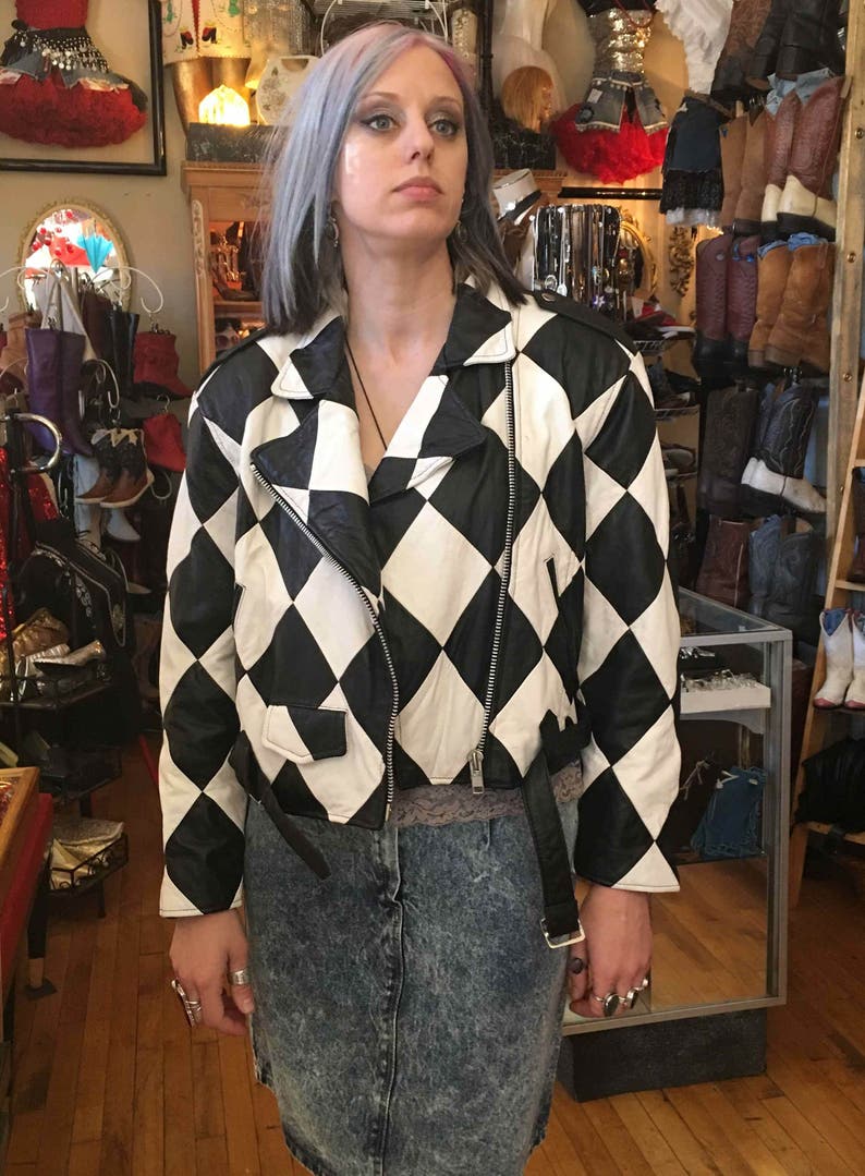 Vintage Retro Black And White Check Leather Jacket De Bell Image 0