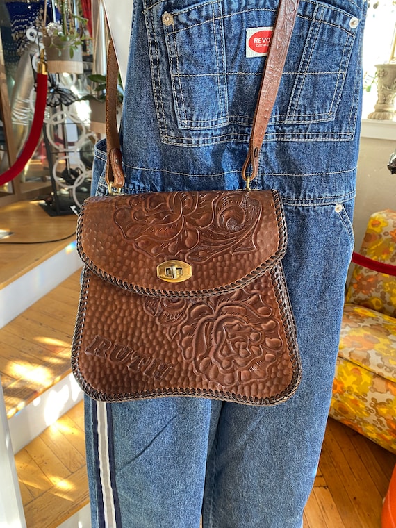 70’s Vintage Hand Tooled Brown Leather Bag with W… - image 1