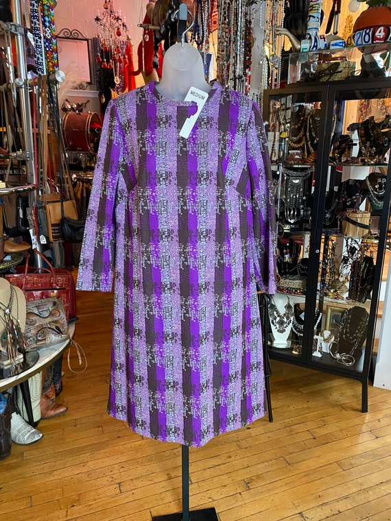 60’s Vintage Purple, Brown and Grey Poly Dress - image 1