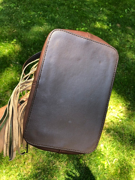 Repurposed Brown Leather Bag with Green Tan Suede… - image 6