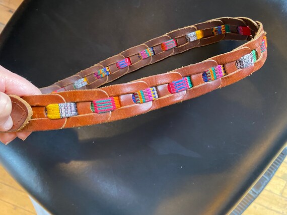 90’s Vintage Brown Leather Belt with Woven Band - image 4