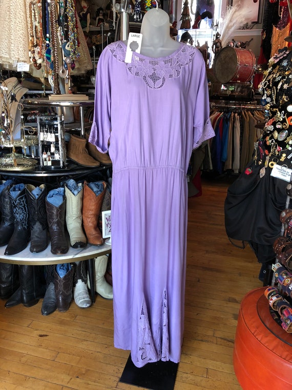 70’s Lavender Rayon and Lace Long Dress, Women’s L