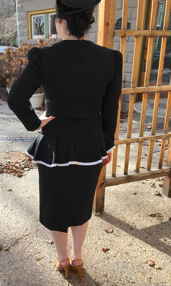 1990's Vintage Peplum Black Dress with White Trim - image 2