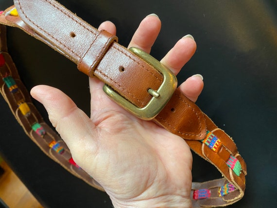 90’s Vintage Brown Leather Belt with Woven Band - image 2