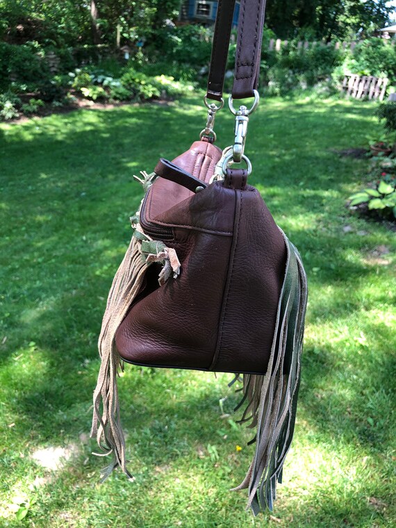 Repurposed Brown Leather Bag with Green Tan Suede… - image 4