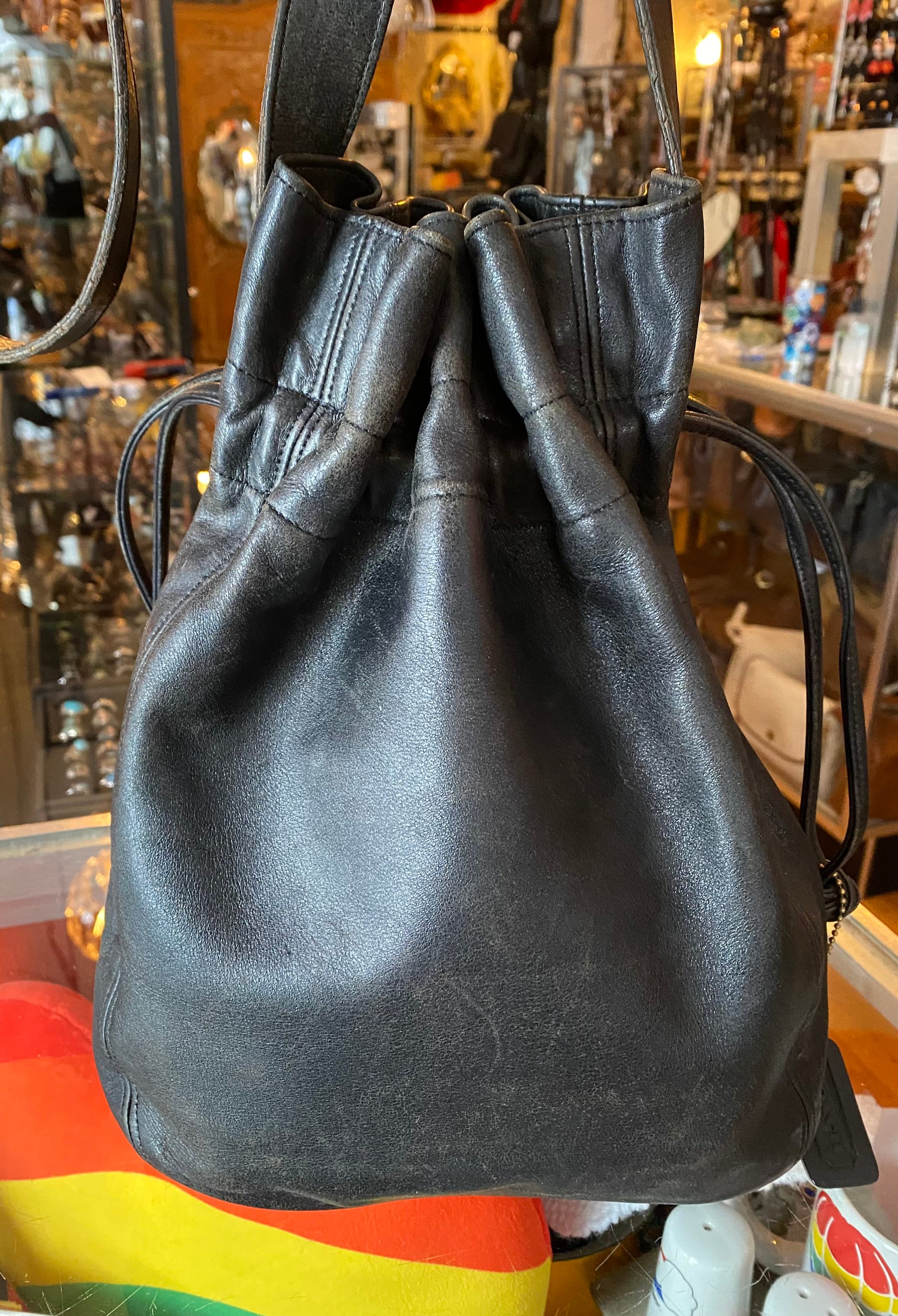 80’s Vintage Coach Black Leather Bucket Bag, Drawstring Bag 207