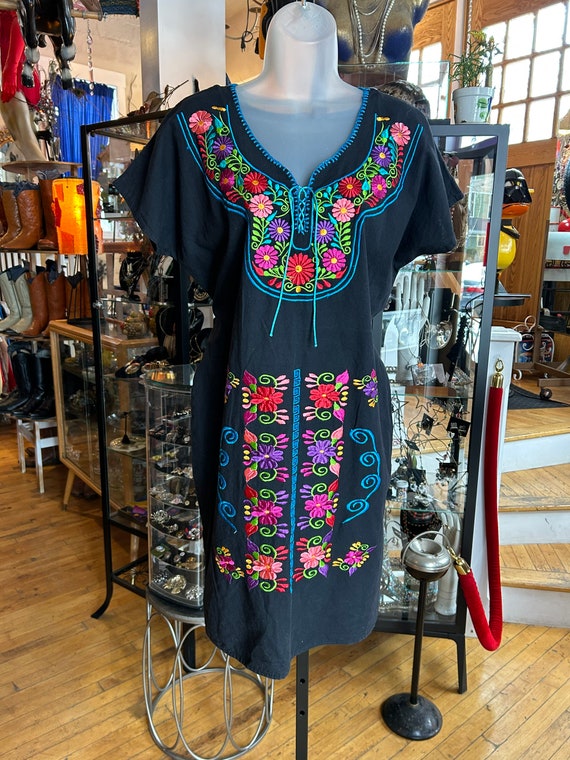 Authentic 70’s Vintage Mexican Black Cotton Dress 