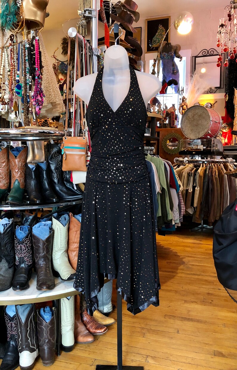 Women\u2019s Medium 90\u2019s Black Spandex Blend Halter Dress with Gold Metallic Polka Dots