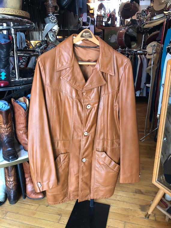 Vintage Men’s Caramel Color Leather Union Jacket - image 1