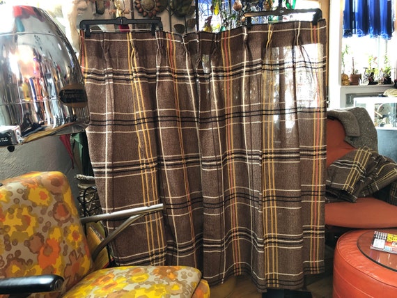 Vintage 70s Brown Orange Yellow Cream Plaid Curtains Drapes Etsy