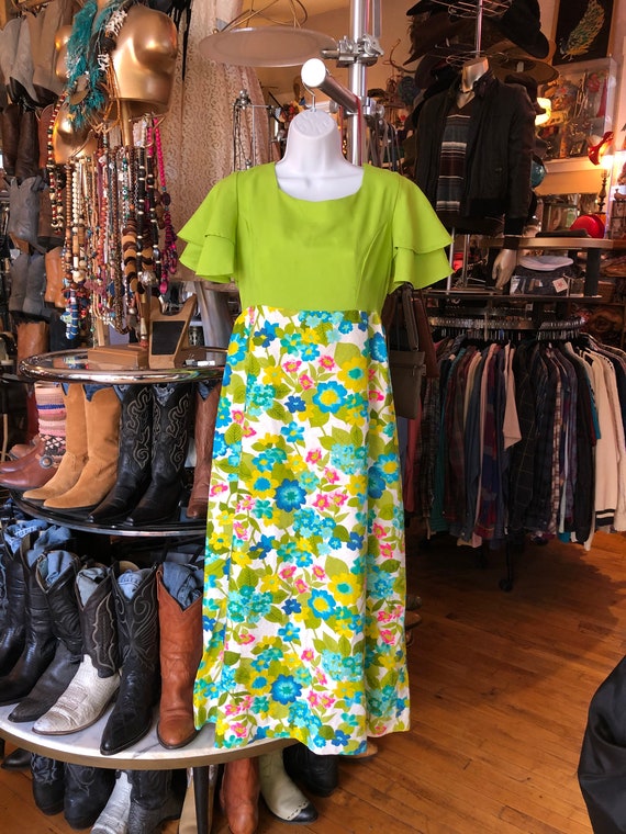 60’s Retro Dress, Hand Crafted Floral and Lime Gre