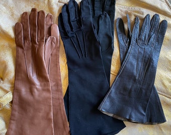 Lot of 3 Retro 50’s Vintage Leather and Fabric Women’s Gloves