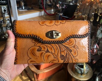 Vintage Western Brown Leather Hand Tooled Wallet with Dark Brown Whip Stitches, Margaret Wallet