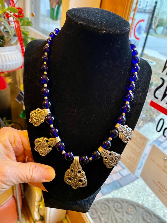 Vintage Cobalt Blue Glass Beads and Silver Pendant