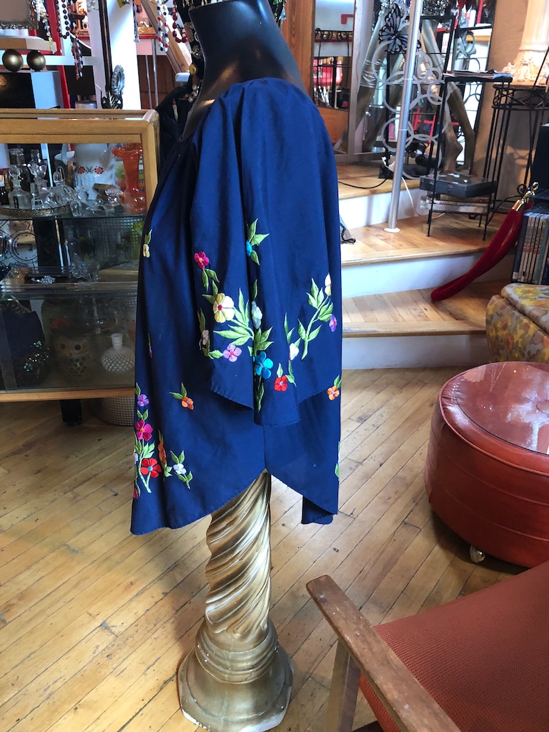 Vintage Women\u2019s Navy Blue Cotton Blouse with colorful embroidered flowers