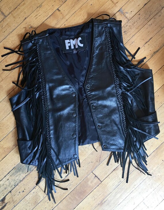 Vintage 90's Black Leather and Black Fringe Vest,