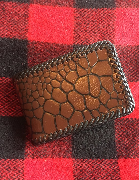 Brown Leather Wallet With Faux Tooled Croc Pattern and Black Whip Stitches Etsy