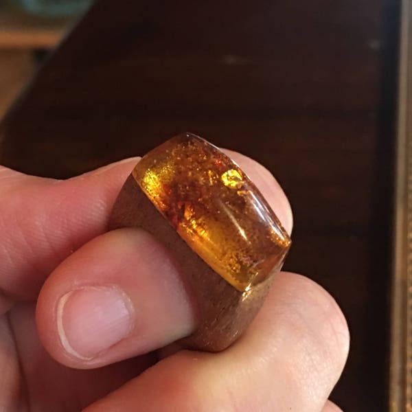 Retro Amber set in Wood Ring Size 4 3/4