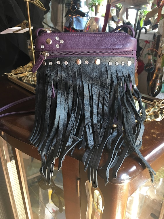 Repurposed Purple and Black Leather Crossbody Hand