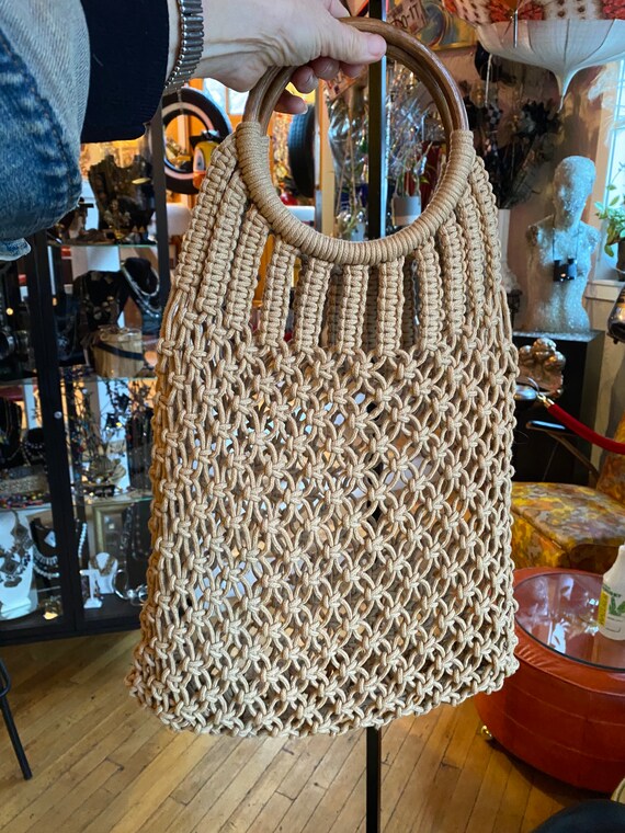 70’s Boho Tan Cotton Macrame Shopping Bag