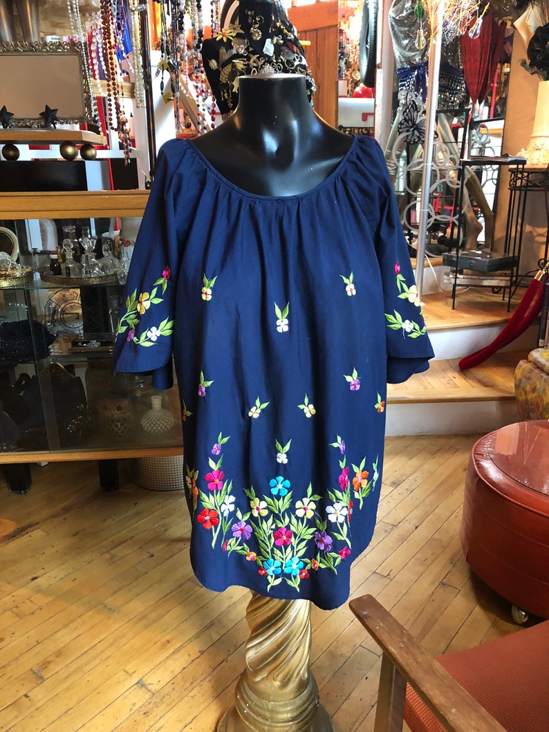 Vintage Women\u2019s Navy Blue Cotton Blouse with colorful embroidered flowers