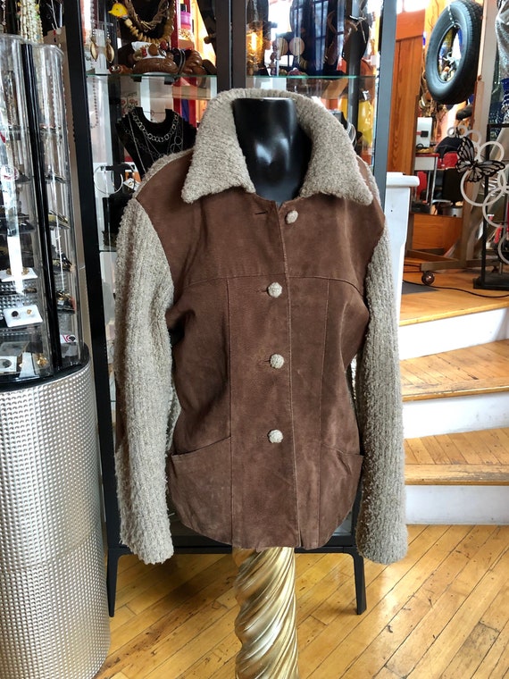 Vintage Brown Suede and Tan Fleece Sweater Jacket