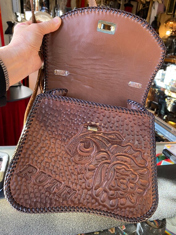 70’s Vintage Hand Tooled Brown Leather Bag with W… - image 6