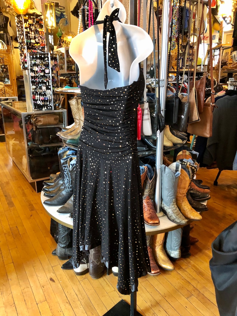 Women\u2019s Medium 90\u2019s Black Spandex Blend Halter Dress with Gold Metallic Polka Dots