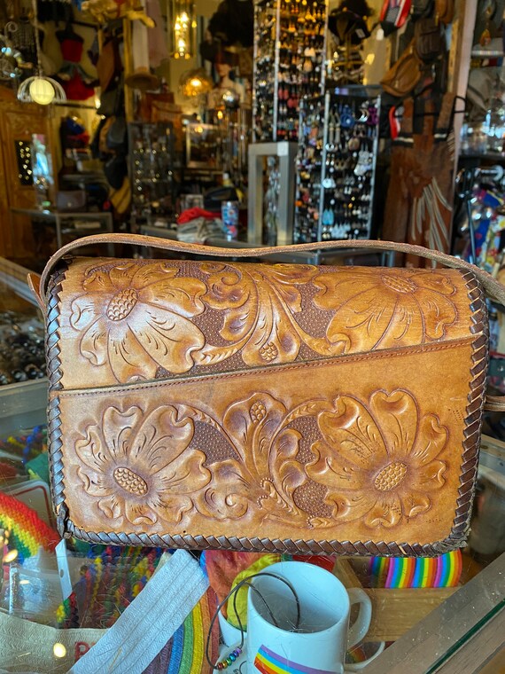 70’s Vintage Hand Tooled Brown Leather Bag - image 4