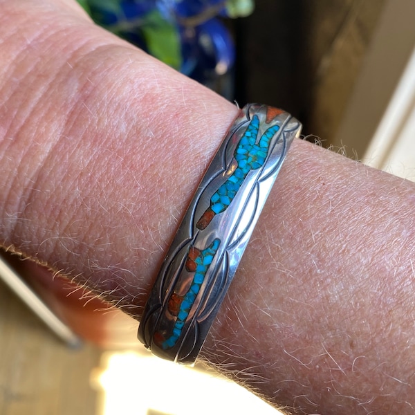 Vintage Nezzie, Navajo Native American .925 Sterling Silver Turquoise and Coral Cuff Bracelet