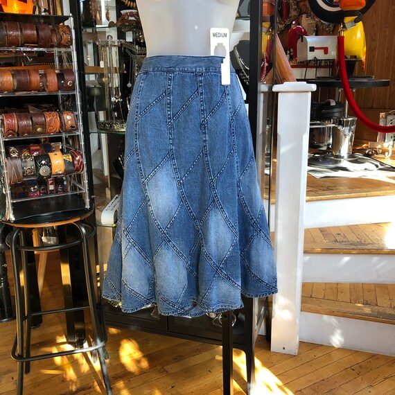 90’s Blue Denim Patchwork Flare Skirt