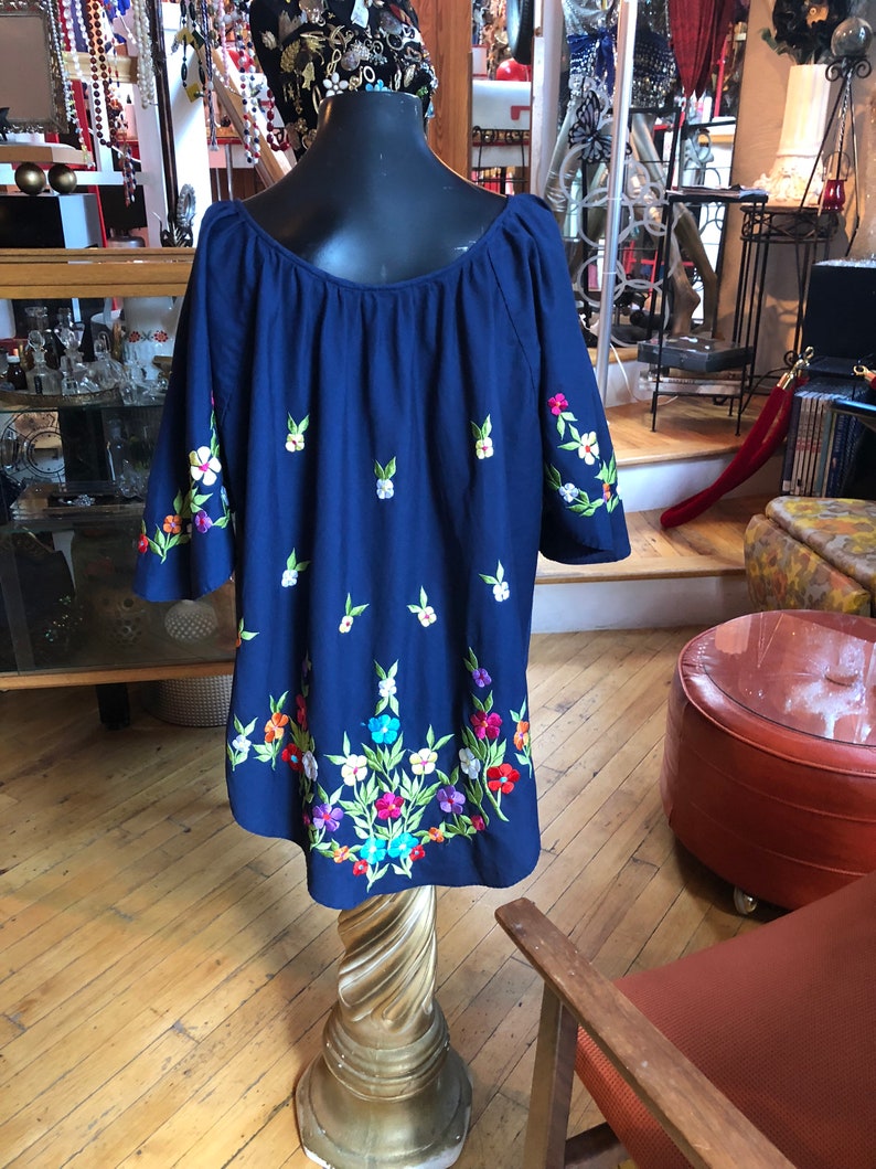 Vintage Women\u2019s Navy Blue Cotton Blouse with colorful embroidered flowers