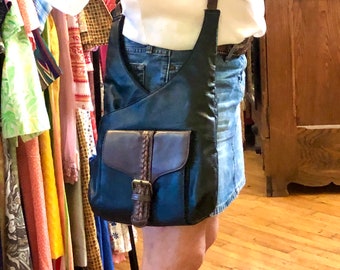 80’s Black Leather Crossbody Bag with Brown Trim