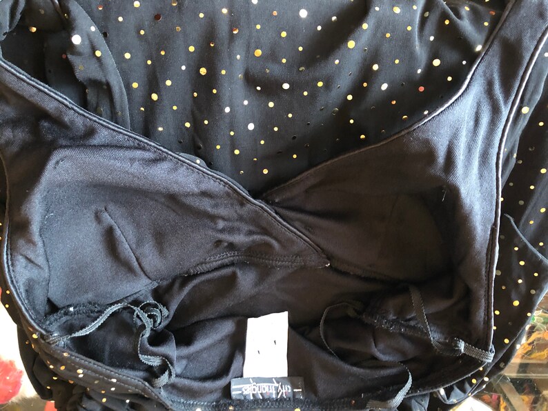 Women\u2019s Medium 90\u2019s Black Spandex Blend Halter Dress with Gold Metallic Polka Dots