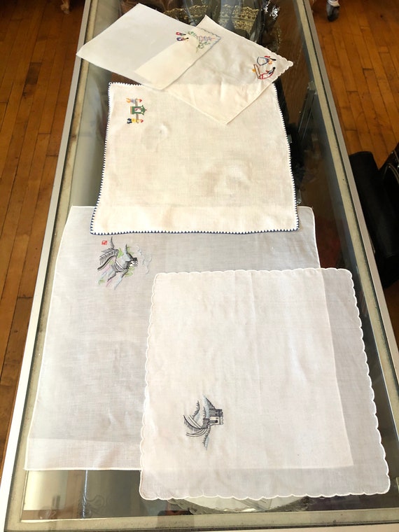 Lot of 5 Asian Inspired White Linen Embroidered Ha