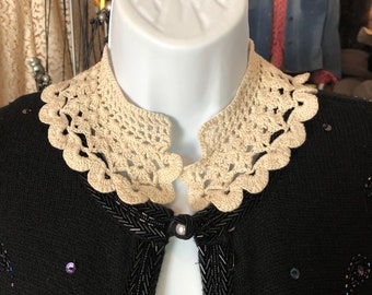 Vintage Hand Crafted Beige Lace Collar, Crocheted Collar